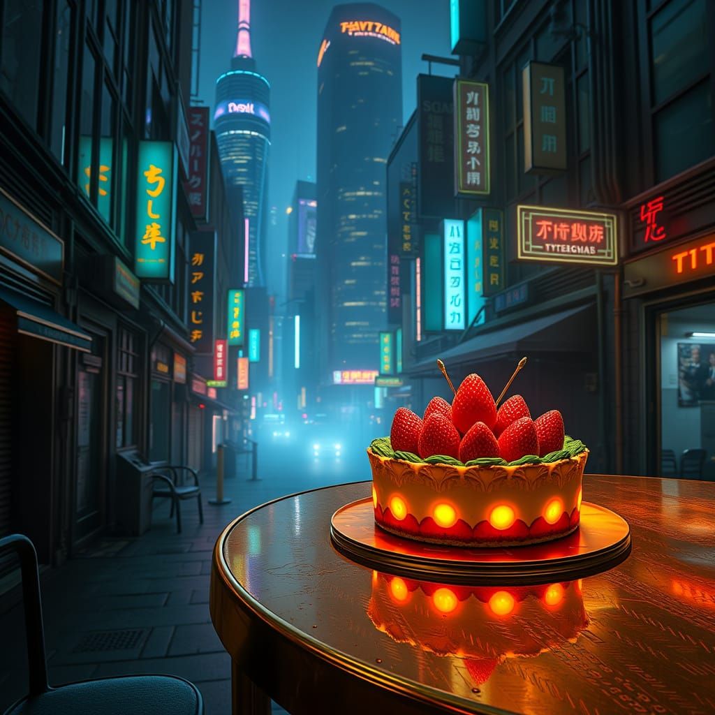 Glowing Strawberry Pie on Cyberpunk City Street