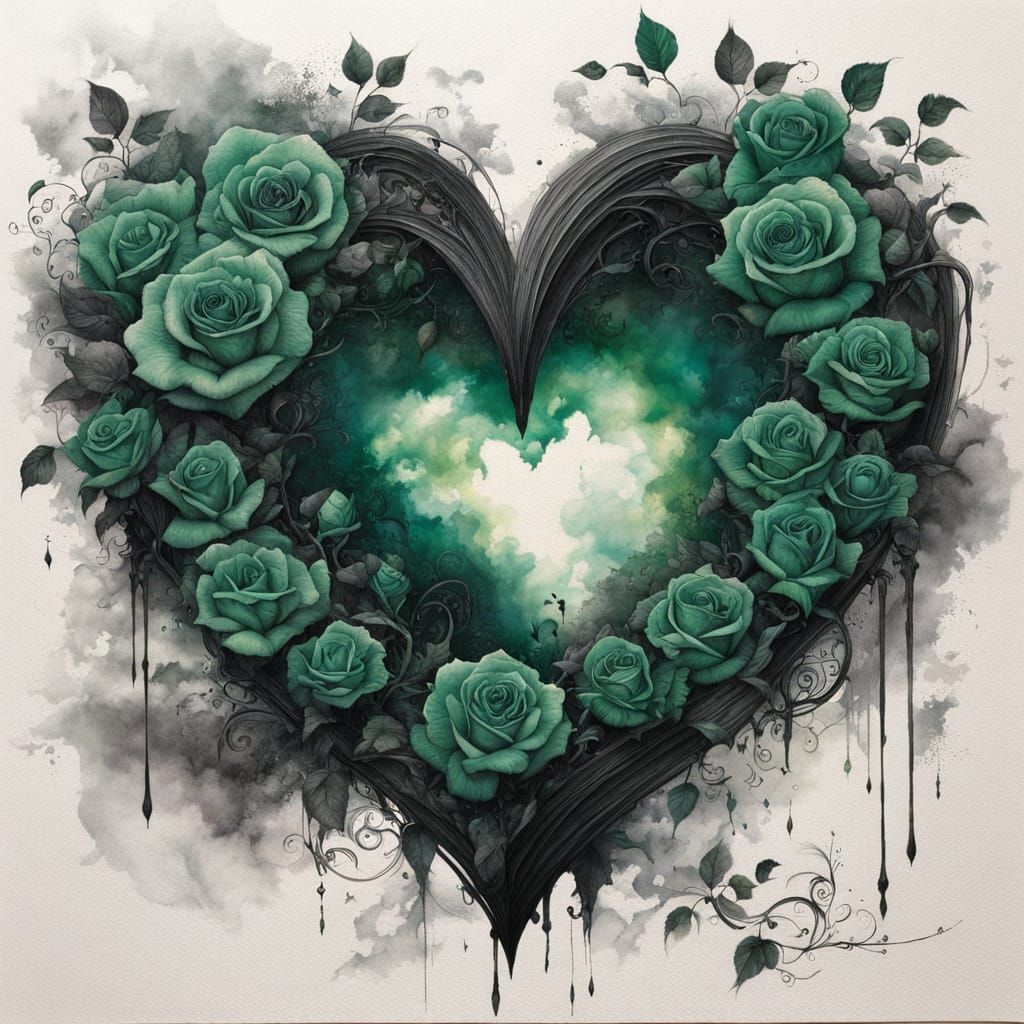 Ethereal Rose Heart Ink Drawing on White Canvas