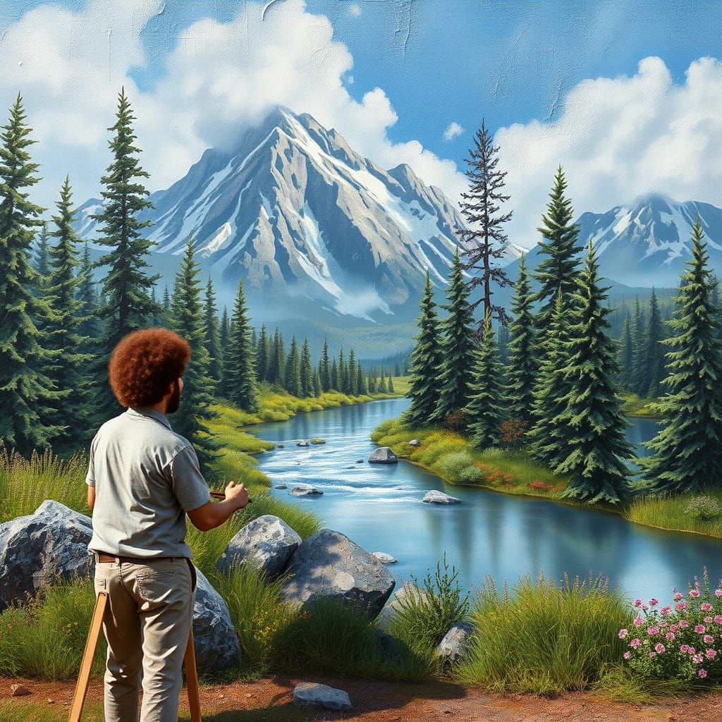 Bob Ross Painting a Hyperrealistic Outdoor Scene