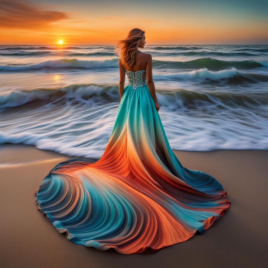 Photorealistic Panorama of Seafoam Dress at Sunset