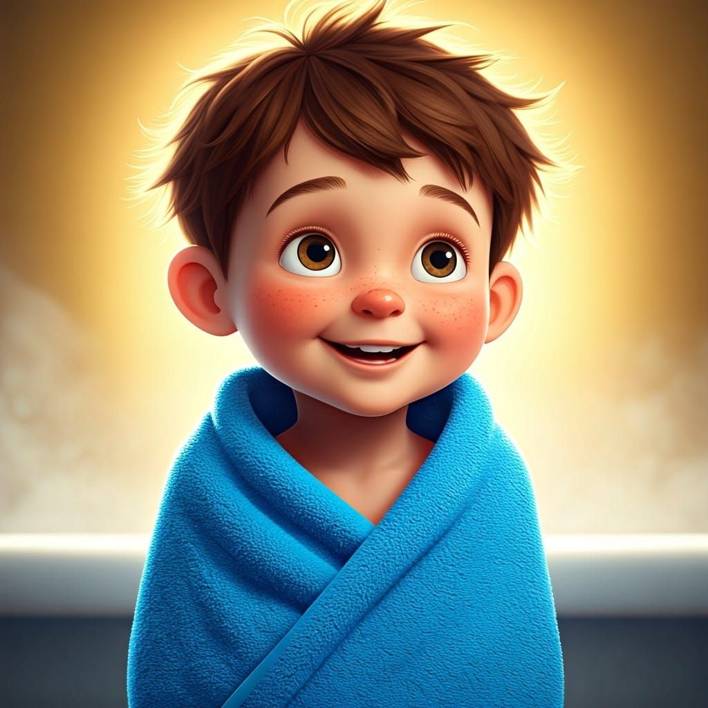 Joyful Cherub Wraps Up in Vibrant Blue After Bubbly Bath