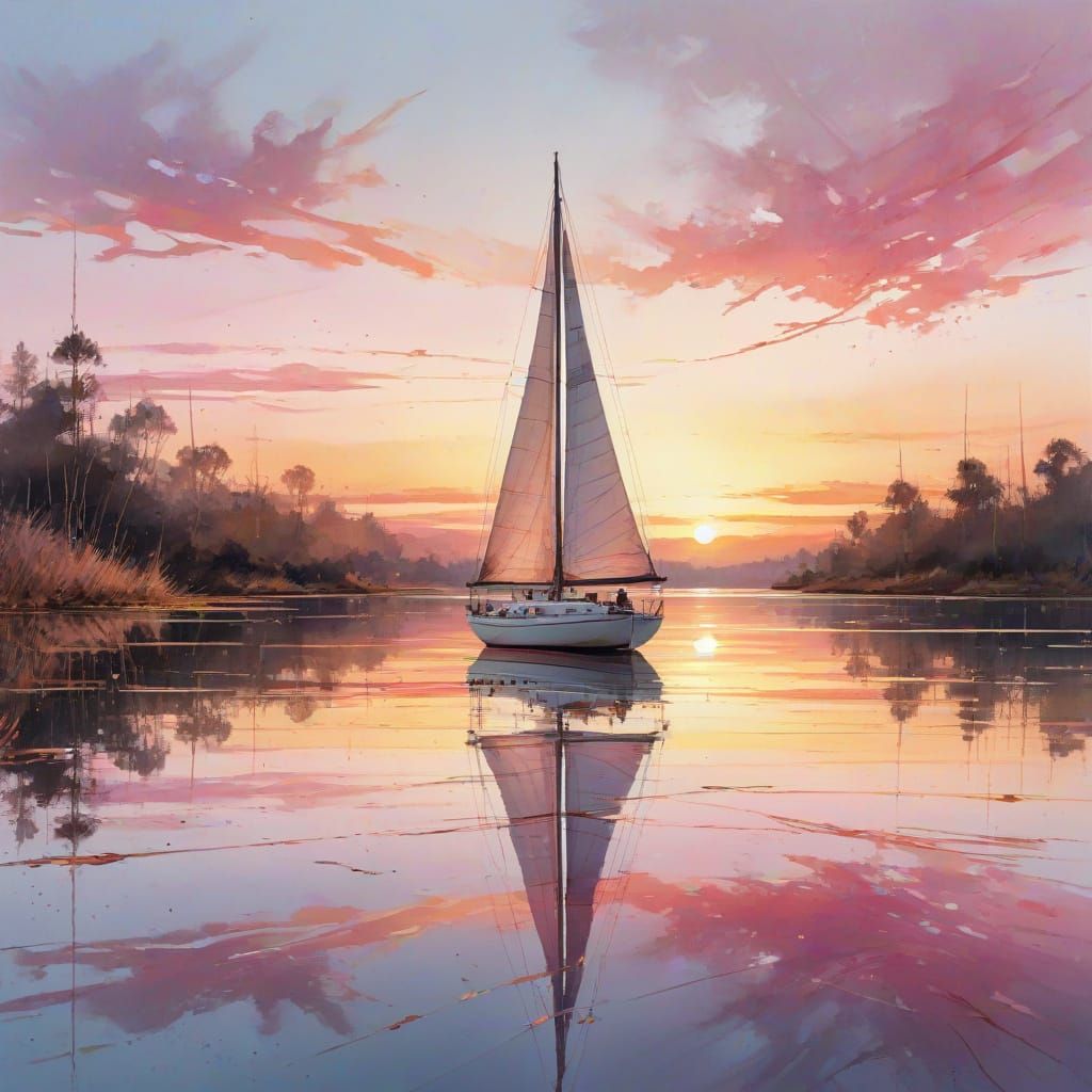 Sailboat on Glassy Lake at Sunrise: Watercolour Style