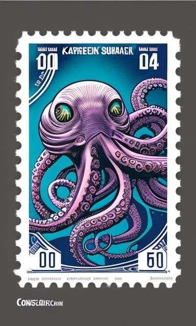 Kraken Octopus Postage Stamp in Comic Book Art Style