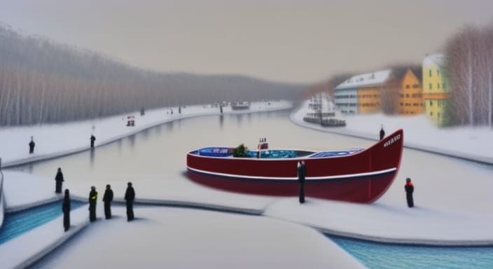 Frozen River Barge in Realistic Oil Pastel