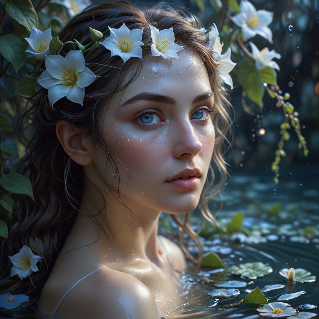 Ethereal Maiden Adorned with Moonflowers in Soft Moonlight
