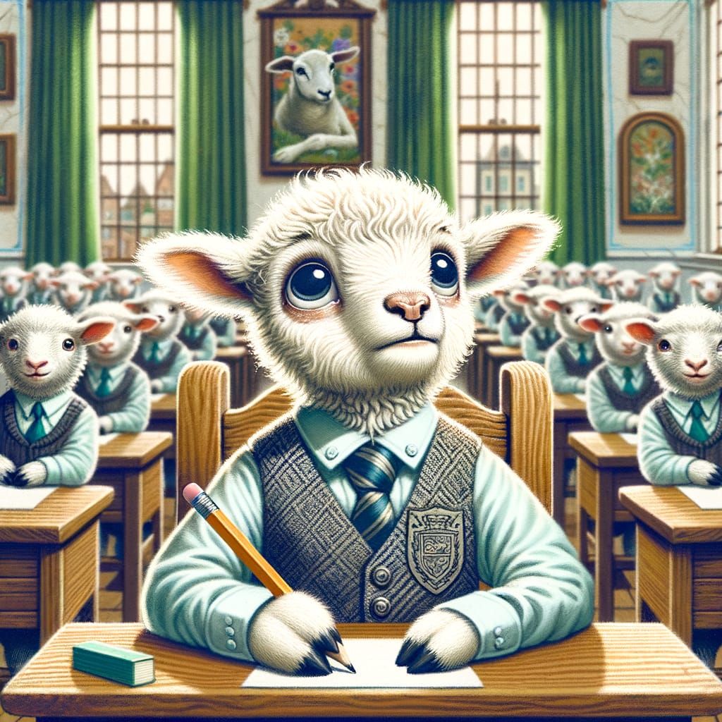 Anxious Lamb Student in Whimsical Classroom Illustration