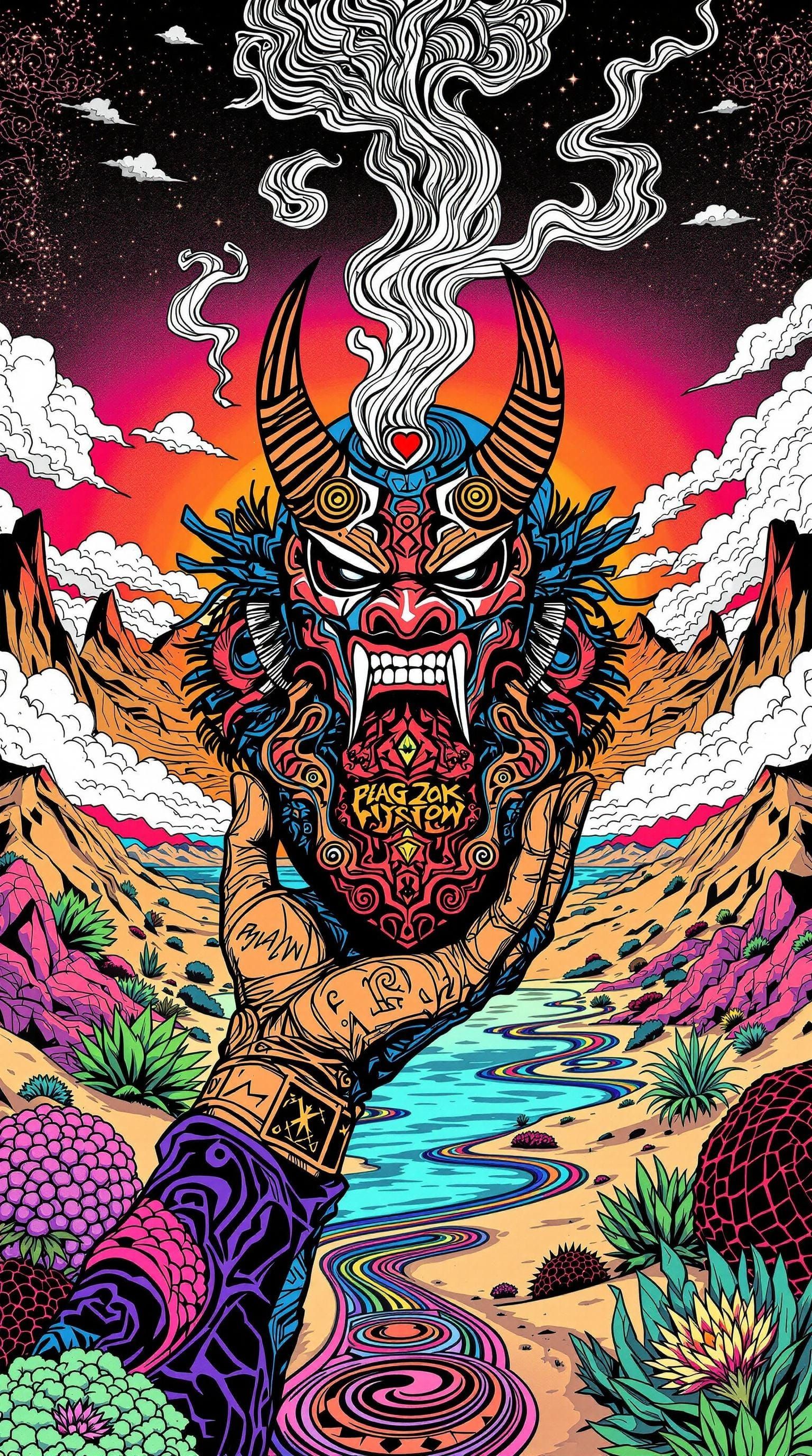 Psychedelic Oni Mask Defies Reality in Vibrant, Flat Design