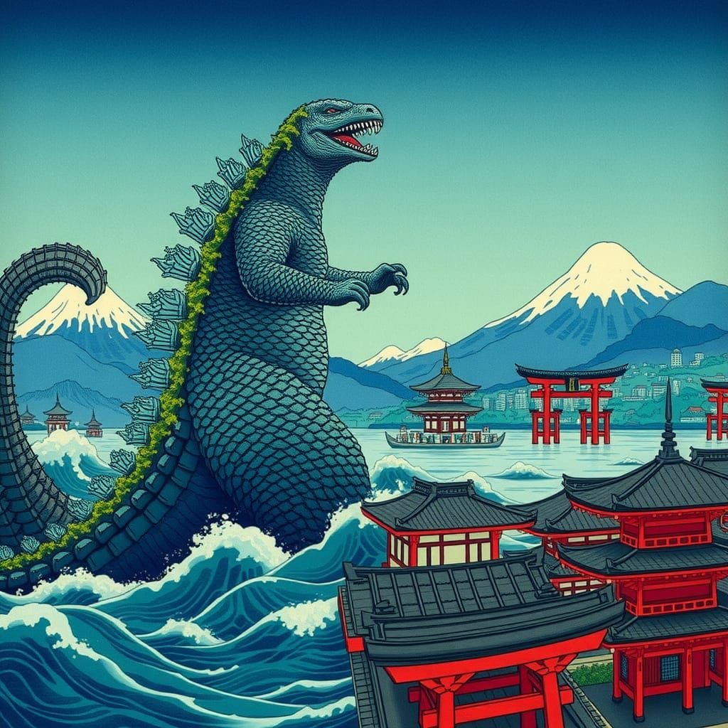 Godzilla Emerges in Ukiyo-e Style from the Bay
