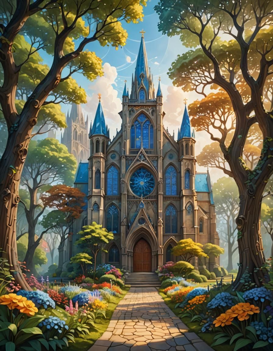 Cathedral with Stained Glass and Blue Flower