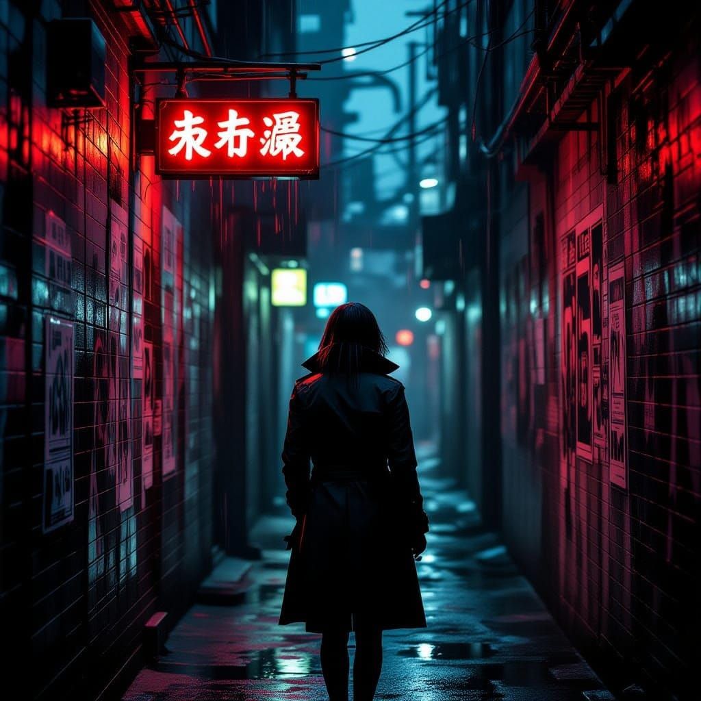 Detective in Rainy Cyberpunk Alleyway