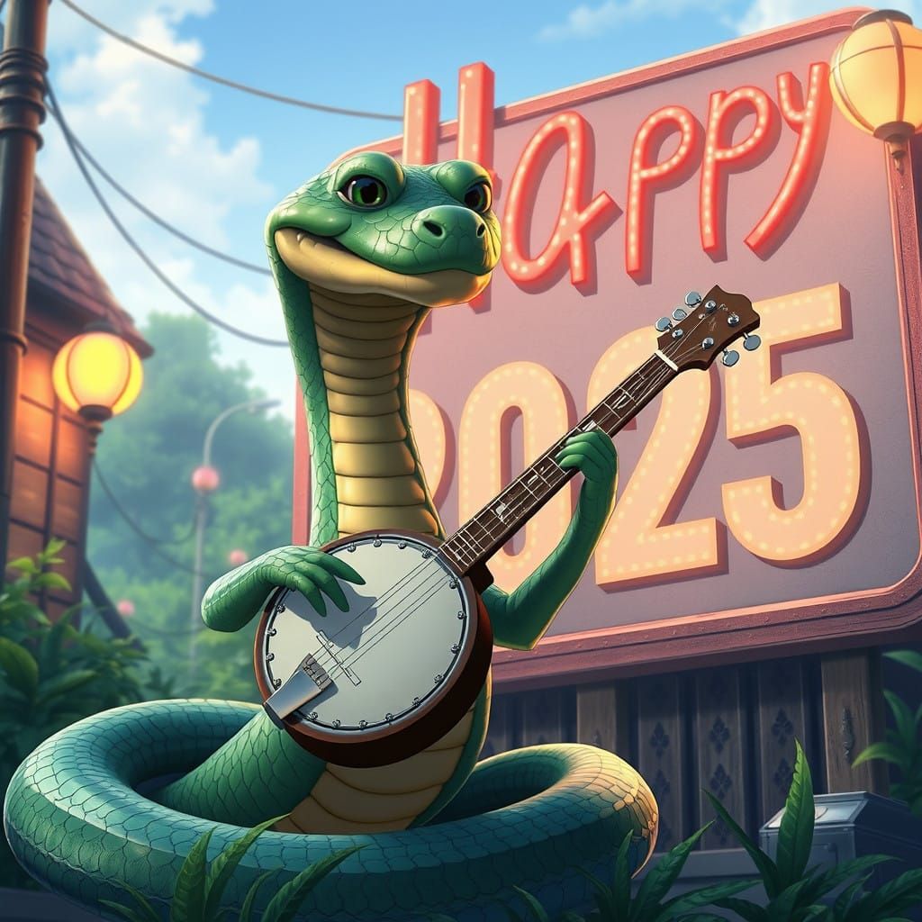 Snake Plays Banjo Amidst Vibrant New Year's Sign