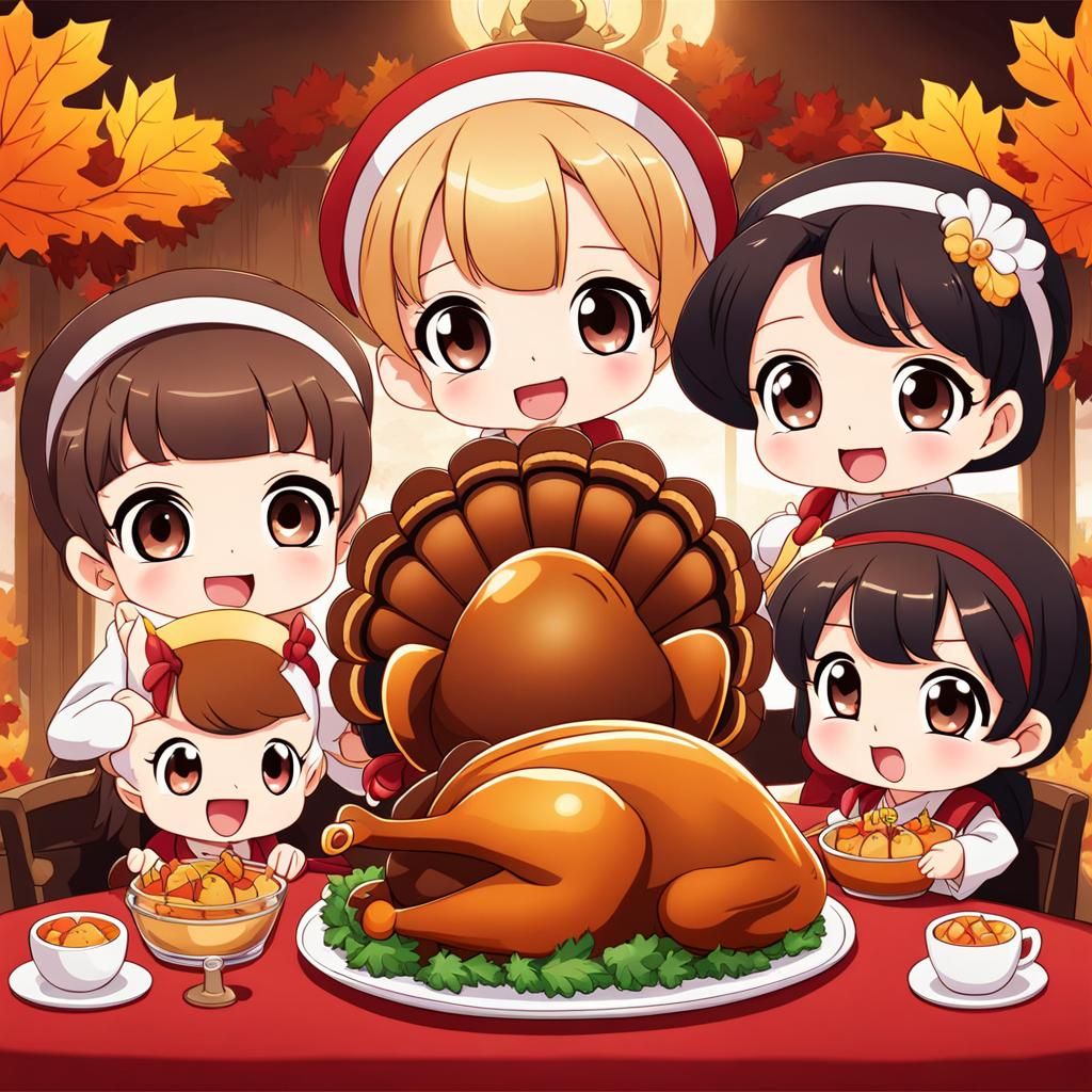 Anime Style Thanksgiving Party with Turkey Babies