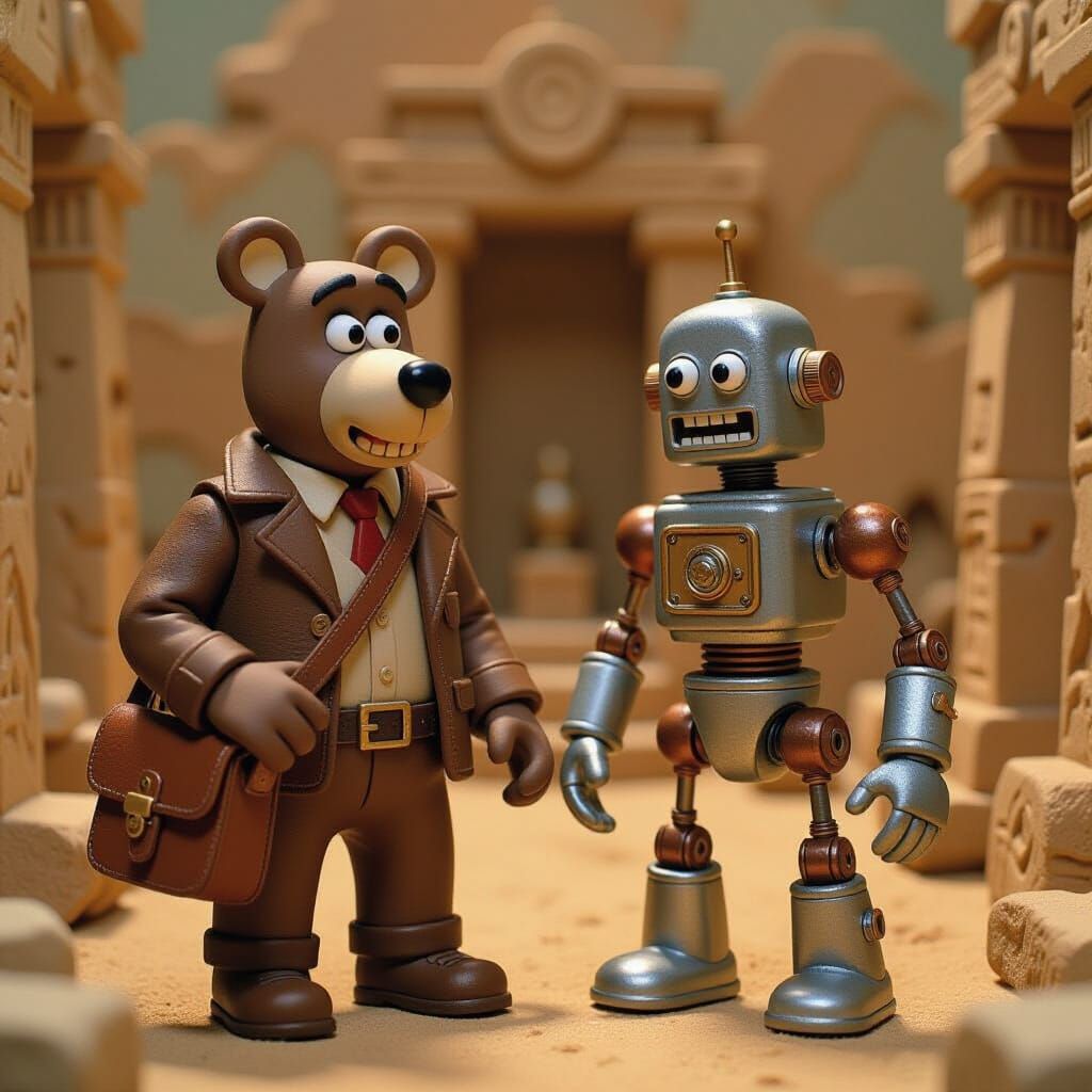 Retro Claymation Bear Archeologist and Robot Adventure