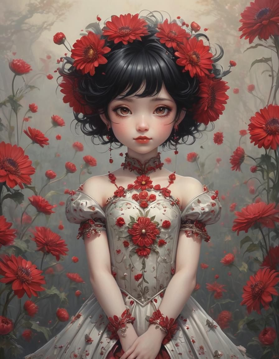 Girl with red chrysanthemums