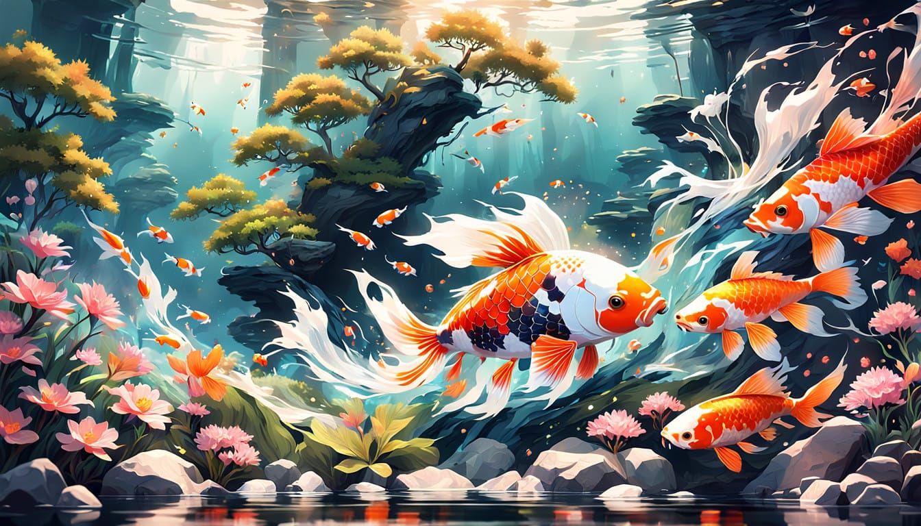 Surreal Koi Mandarin in Lush, Mystical Nanyang-Inspired Aqua...