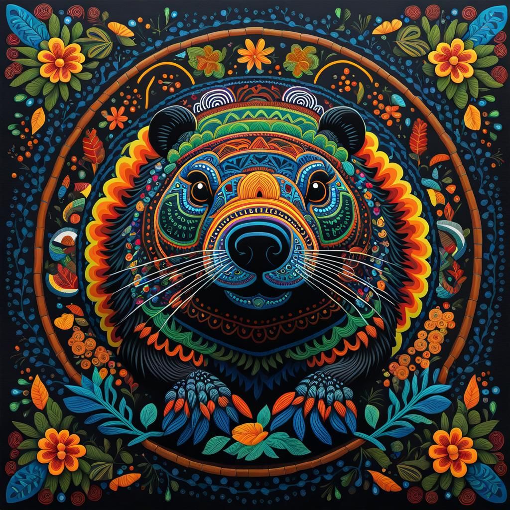 Huichol-Style Beaver: Maximalist, Hyperdetailed Artwork