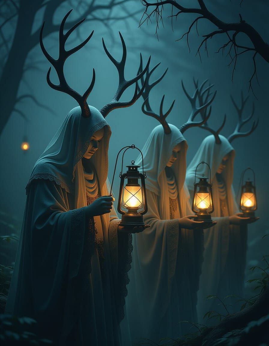 Mysterious Antlers Lanterns Ghost in Dark Woods