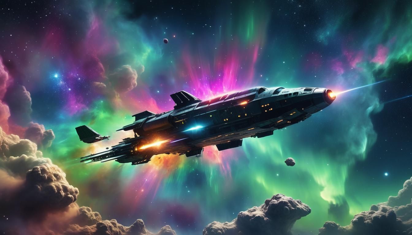 Spaceship Soaring Through Mystical Nebula in Digital Art