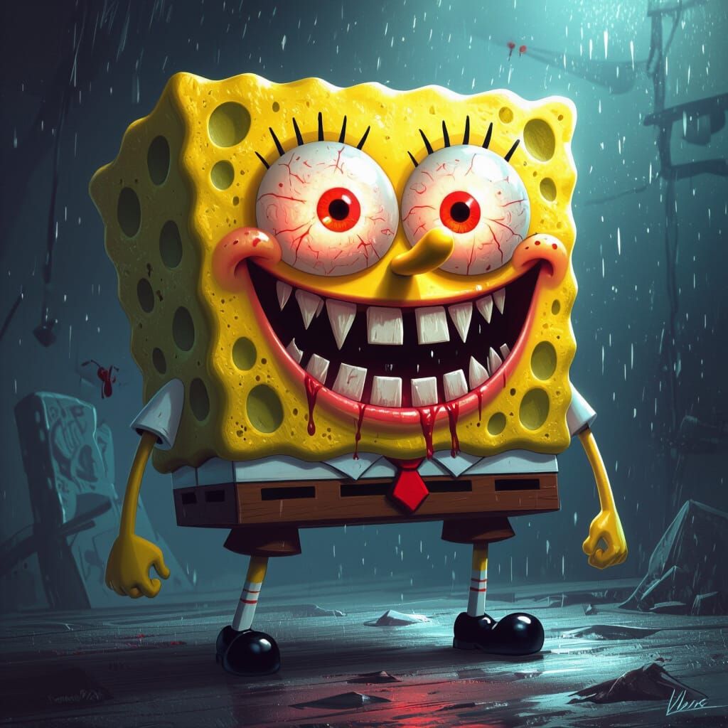 SpongeBob with Razor Teeth and Glowing Red Eyes