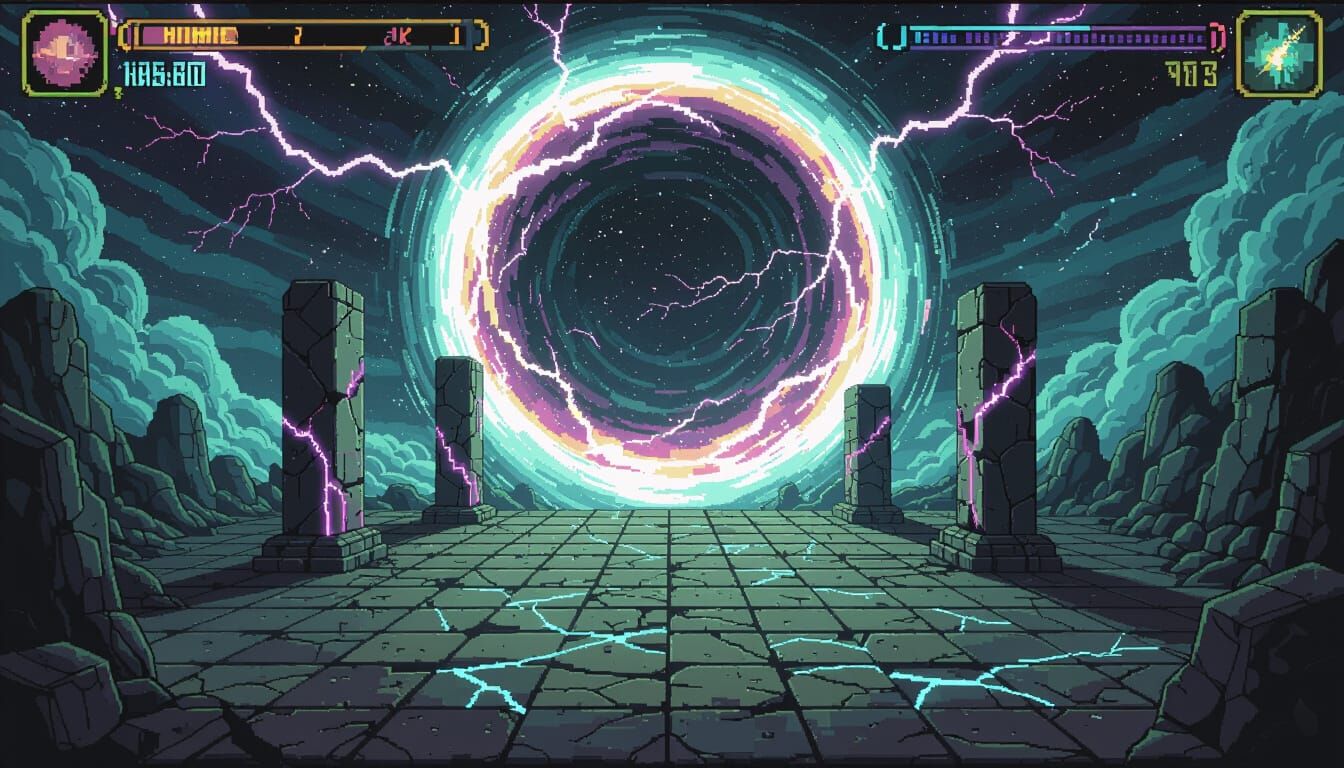 Pixel Art Battlefield with Dimensional Gateway and Cosmic St...