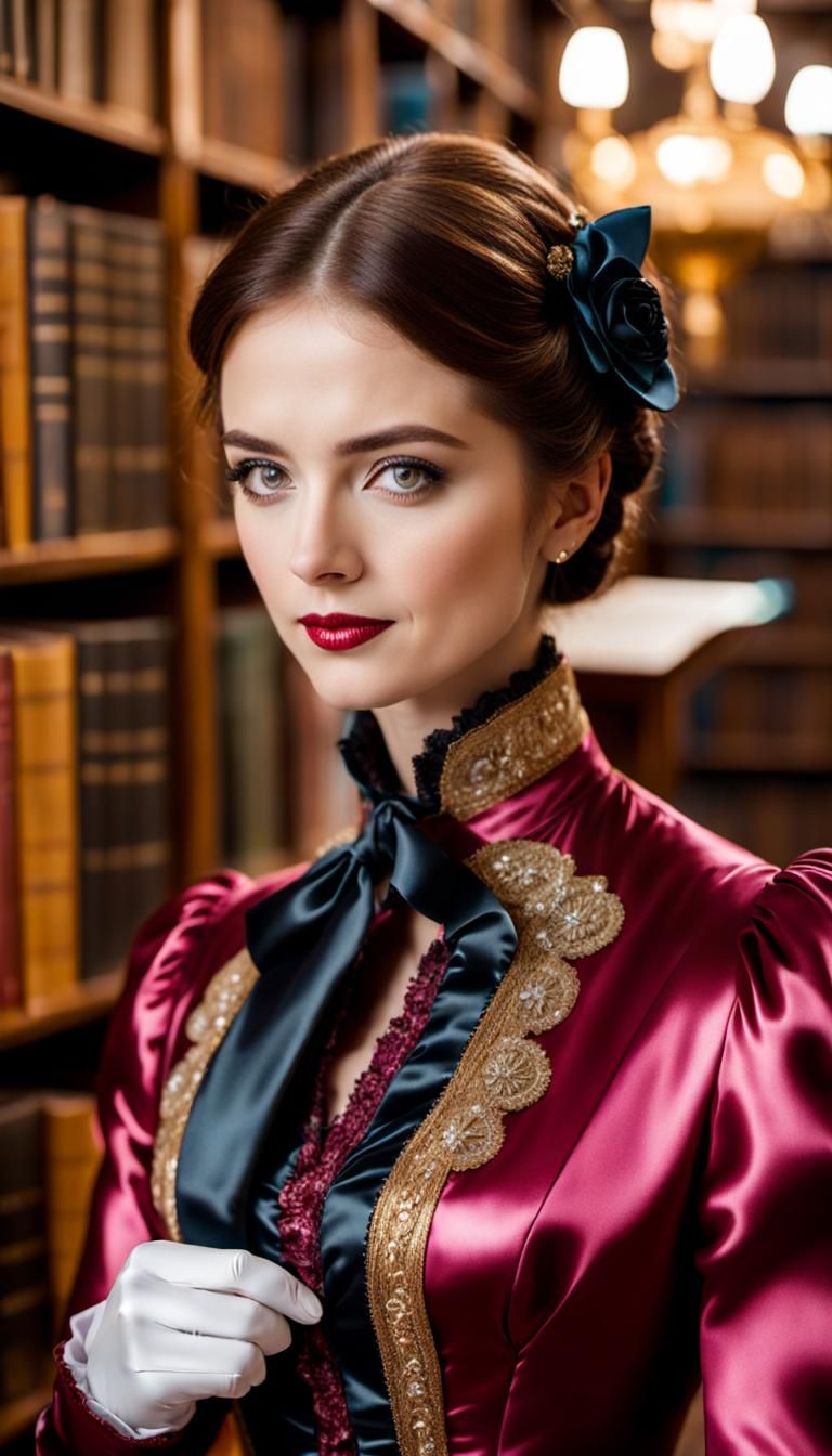 Woman in Satin Victorian Dress in Library