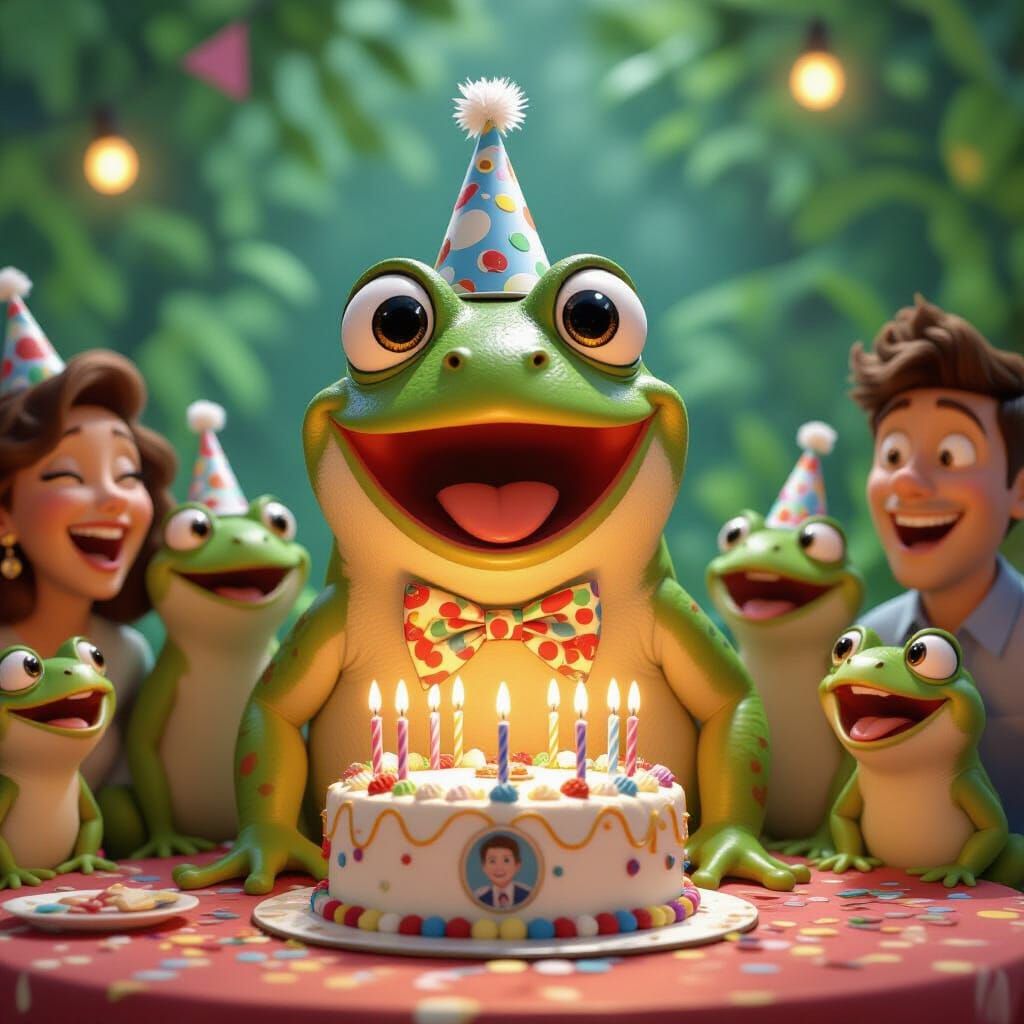 Surprised Frog's Birthday Party in Pixar Style