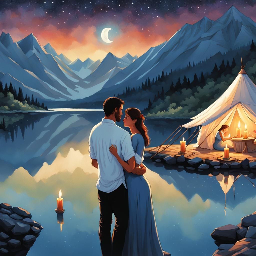 Romantic Mountain Lake Scene by Candlelight