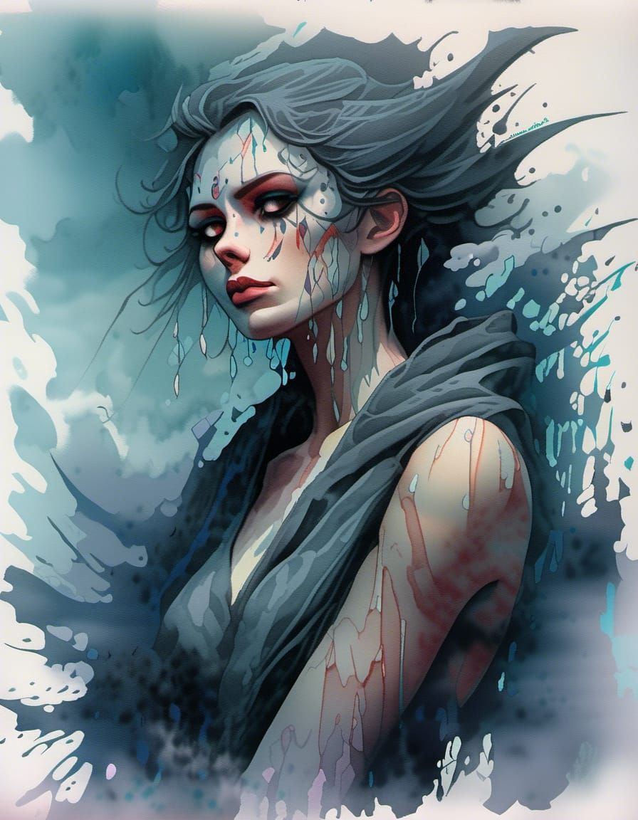 Ghost Waiting by Stormy Sea: Watercolour Illustration