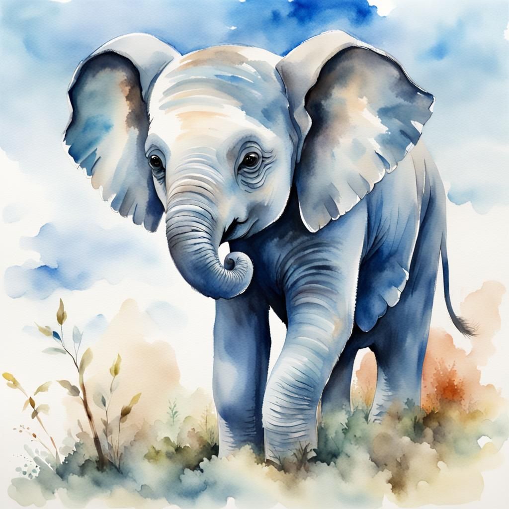 Baby Elephant in Asian Watercolor Landscape