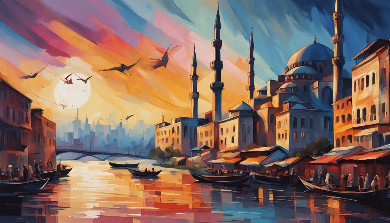 Vibrant Turkish Sunset Prayer Scene in Cubist Style