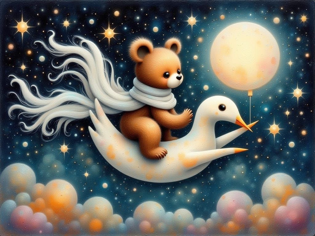 Whimsical Bear Soars Through Dreamy Night Sky in Encaustic T...