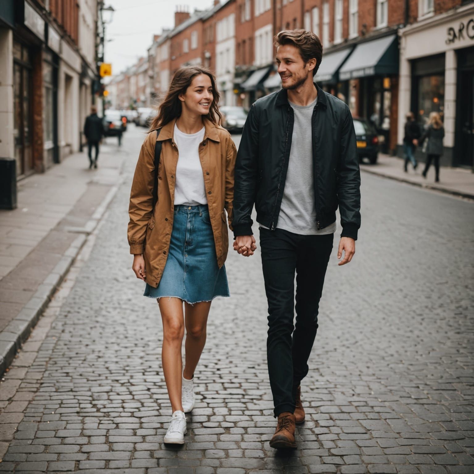 Young Couple Walking Down the Street Holding Hands