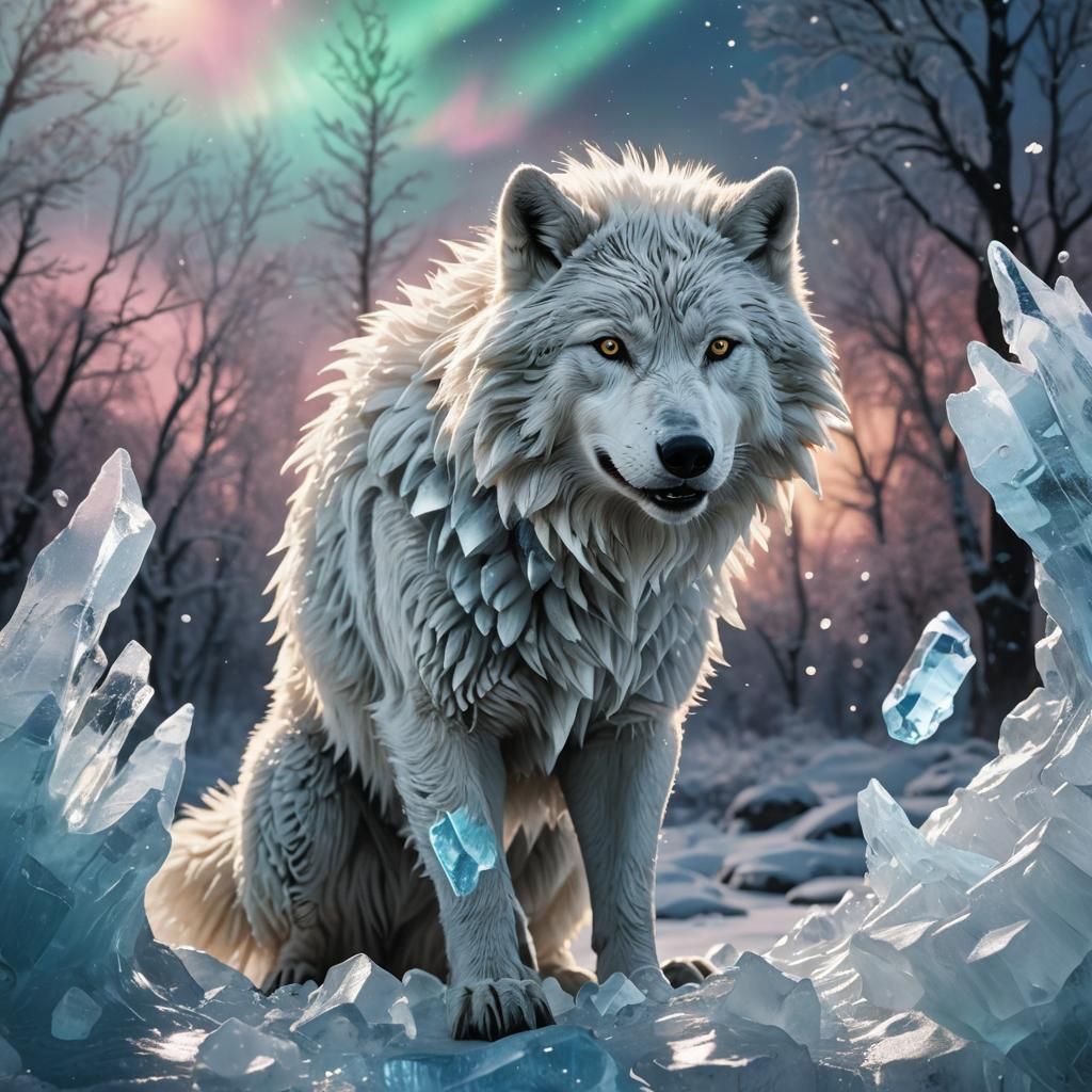 Icy White Wolf in Aurora Borealis: 3D Render