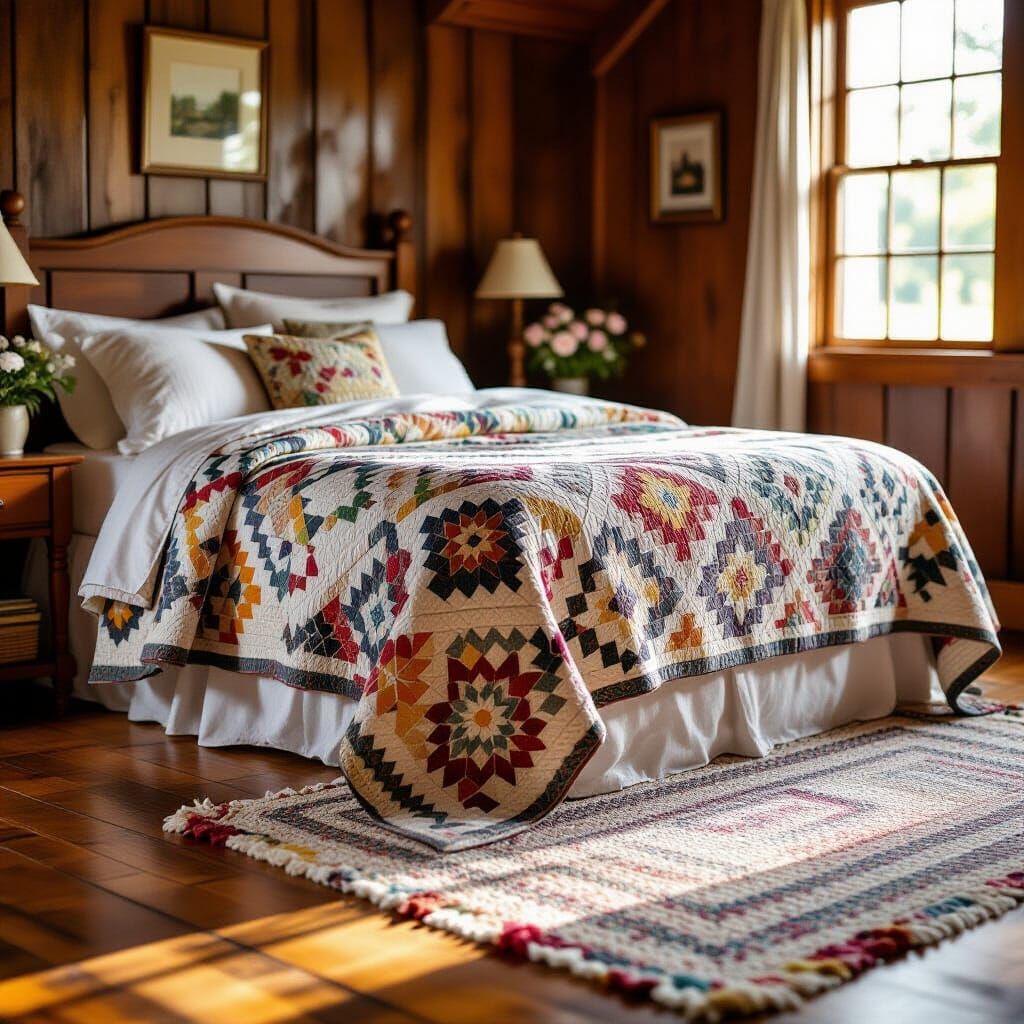 Cozy Country Bedroom With Handmade Quilt And Rag Rug