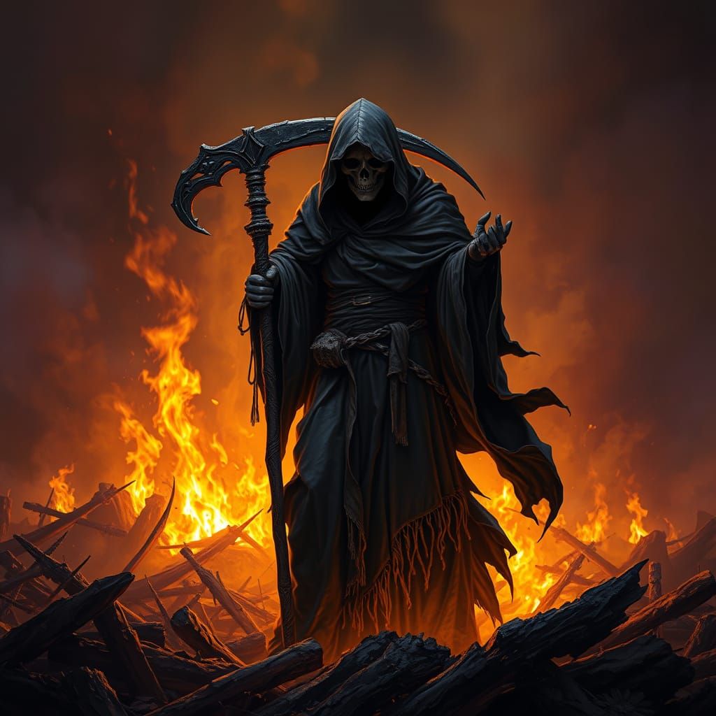 Grim Reaper Harvests Souls on Battlefield in Dark Fantasy St...