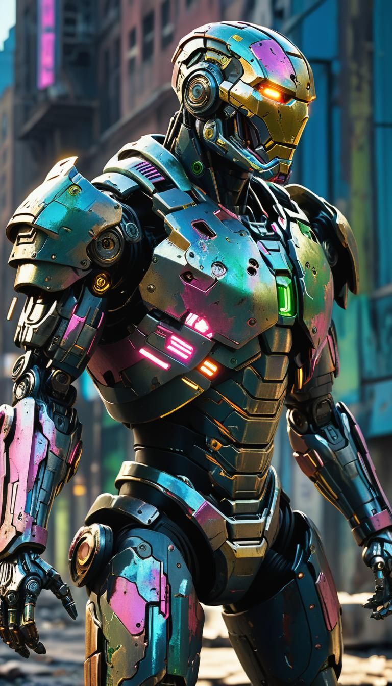 Battle-Scarred Cyborg in Ruined Cityscape