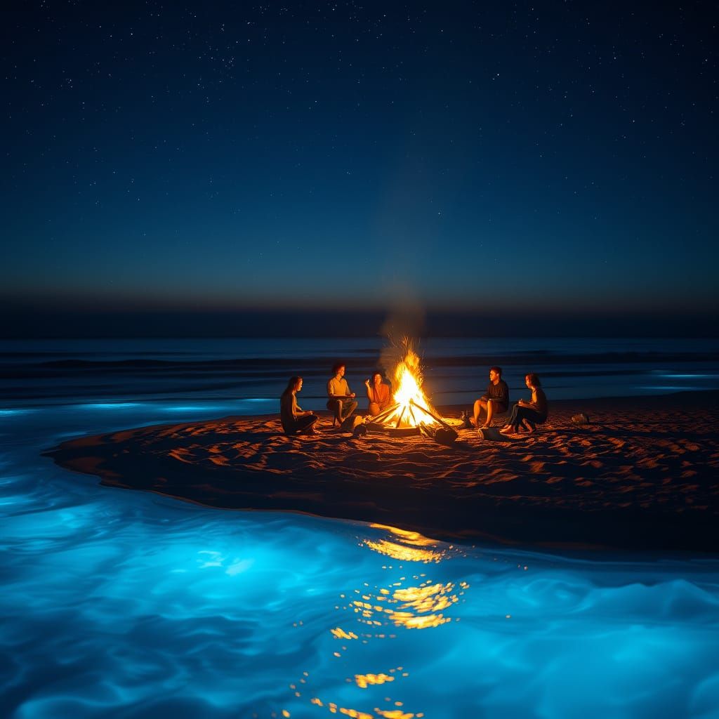 Bioluminescent Beach Bonfire in Atmospheric Lighting