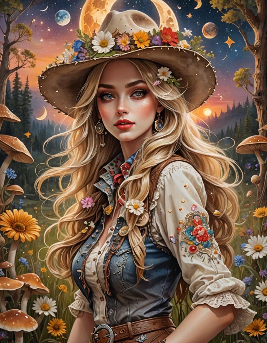 Dancing Cowgirl in a Wood: Mixed Media Folk Art