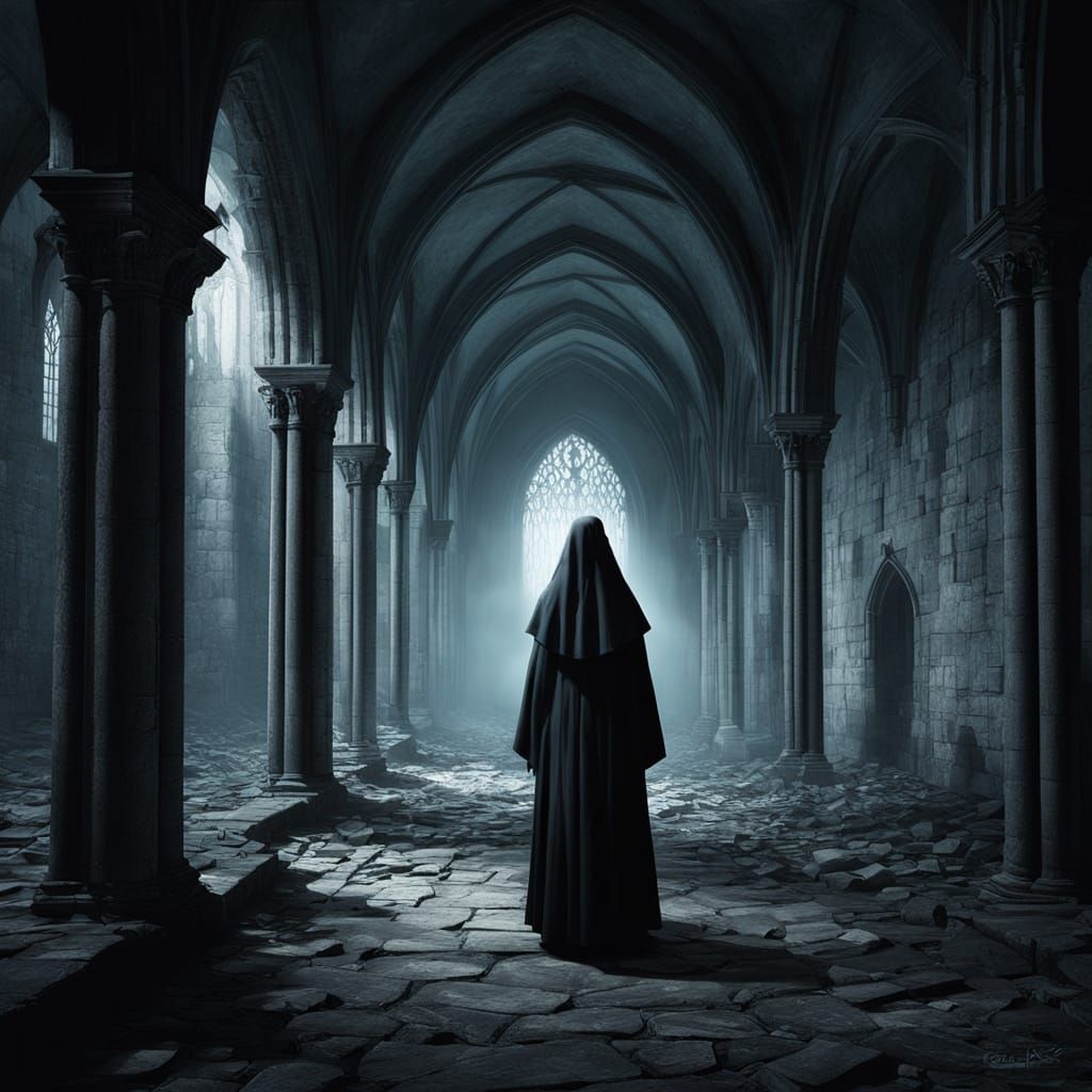 Spectral Nun Haunts Abandoned Gothic Abbey