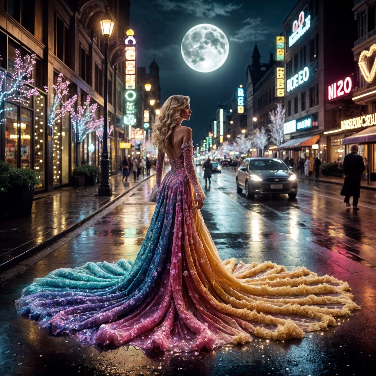 Rainy Night City Goddess in Vibrant Evening Gown