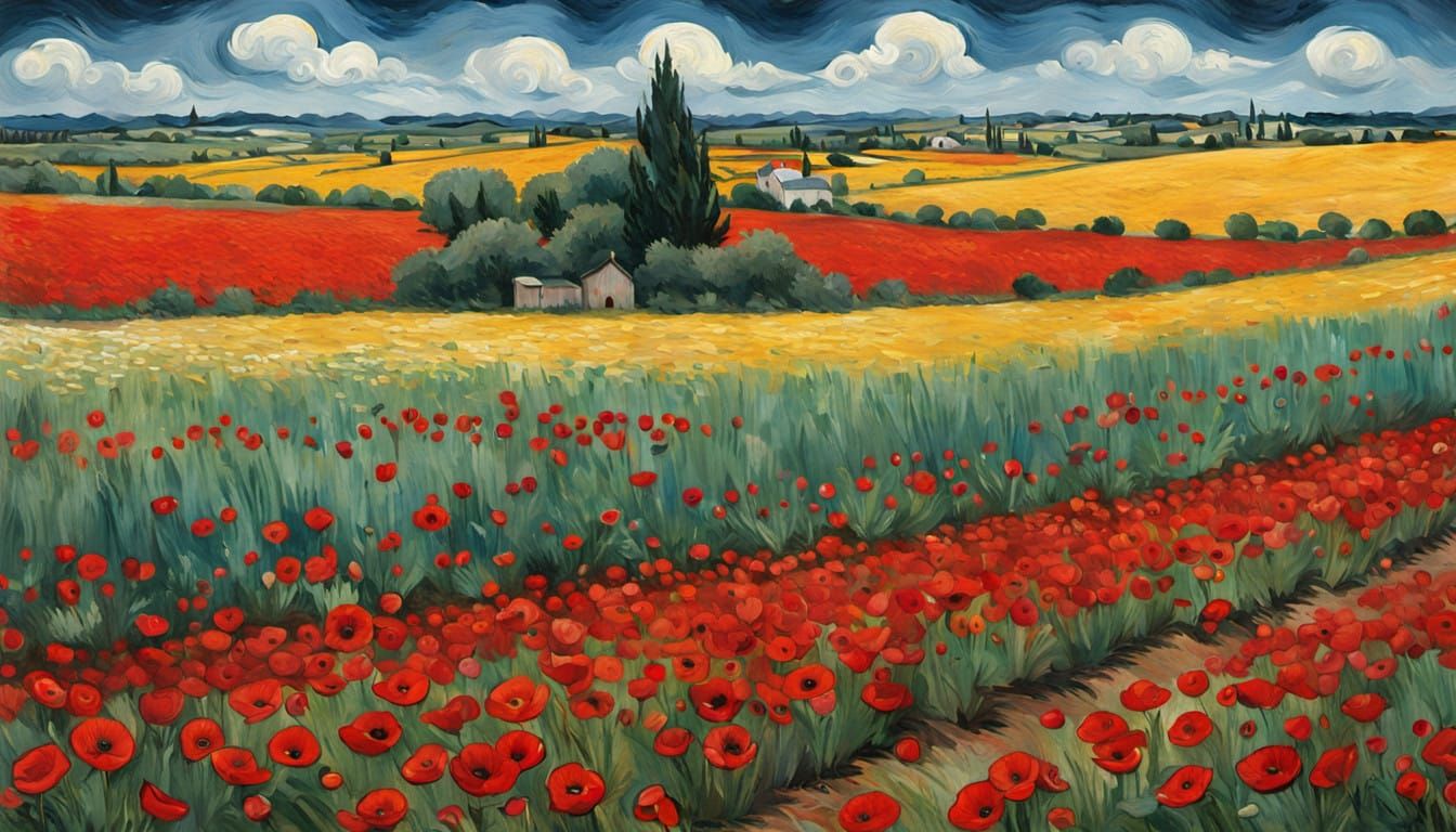 Van Gogh’s Poppy Field: A field of scarlet poppies stretching to the horizon, painted with intense energy.