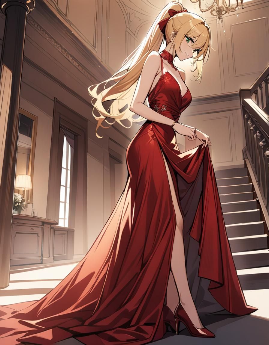 Woman in Red Gown Bowing on Mansion Stairs