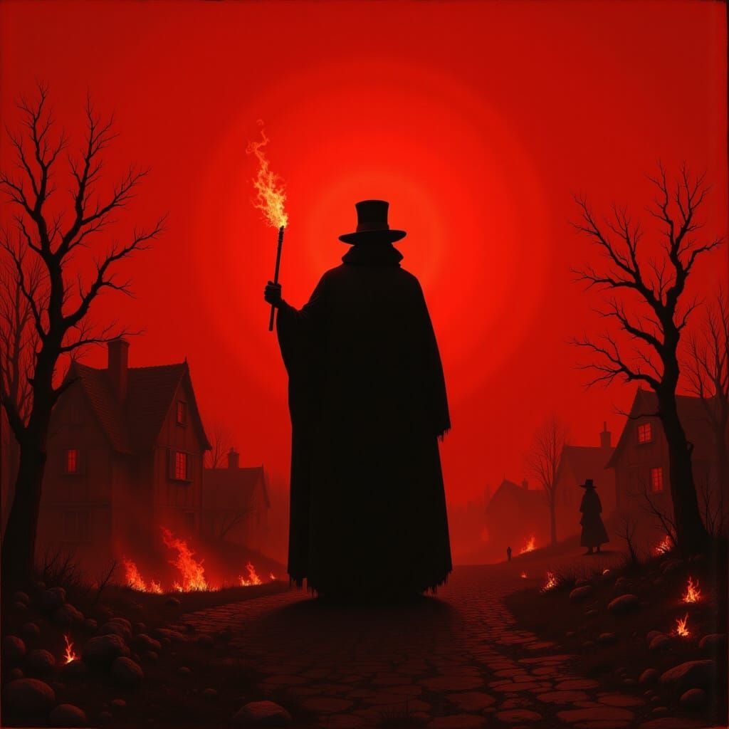 Sinister Silhouette in Burning Village: Horror Art