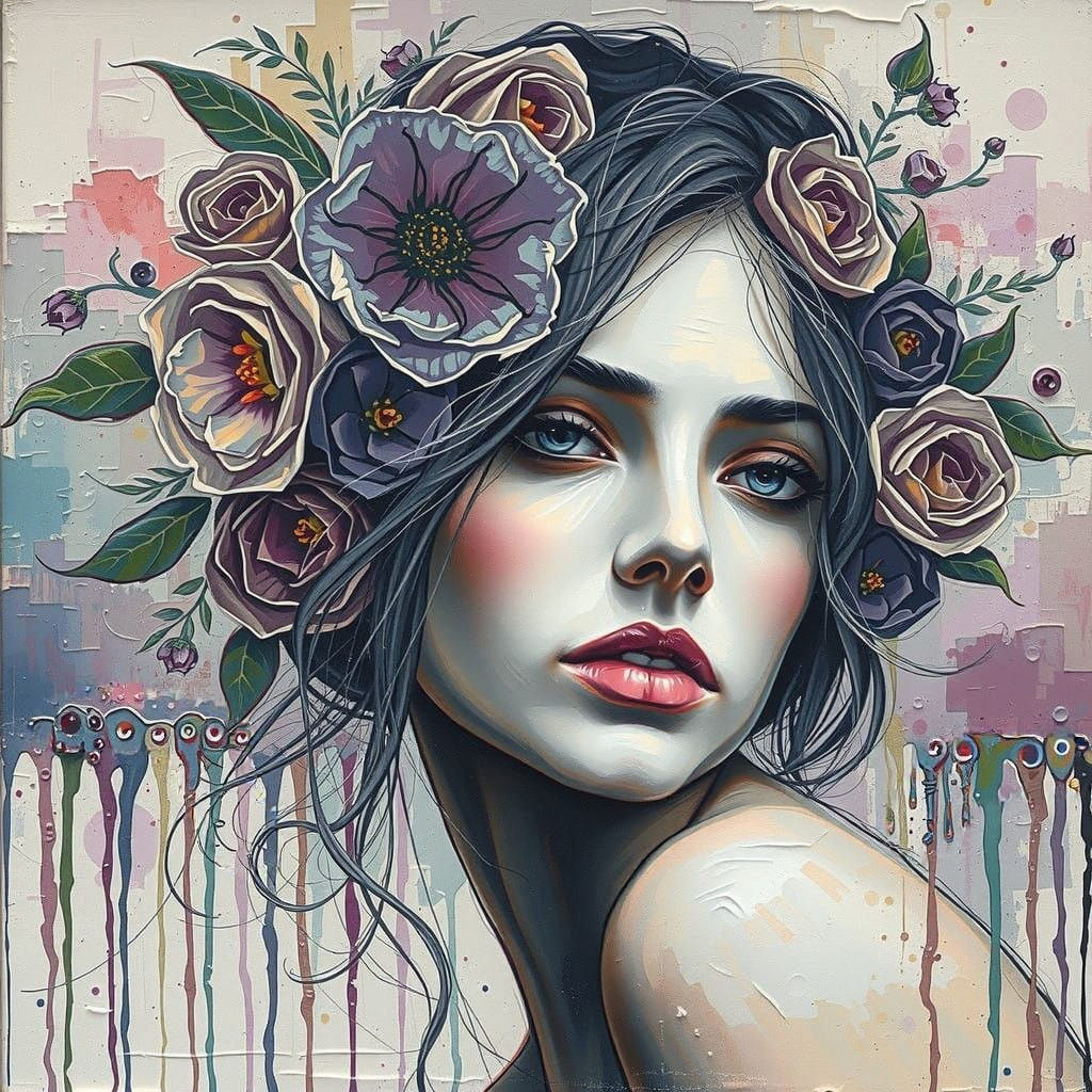 Neo-Expressionist Oil Painting of Elegant Woman with Lavende...