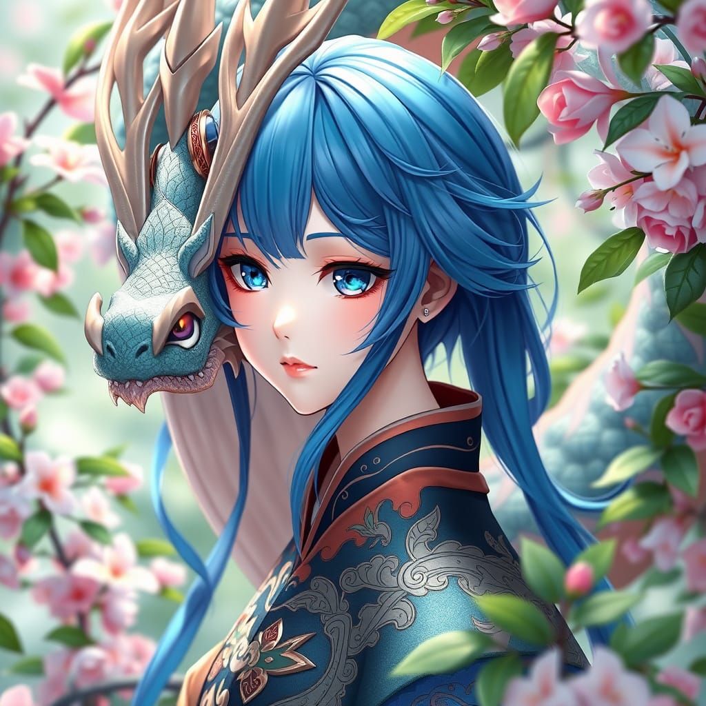 Anime Spring Dragon Girl in Vibrant Blue Hair