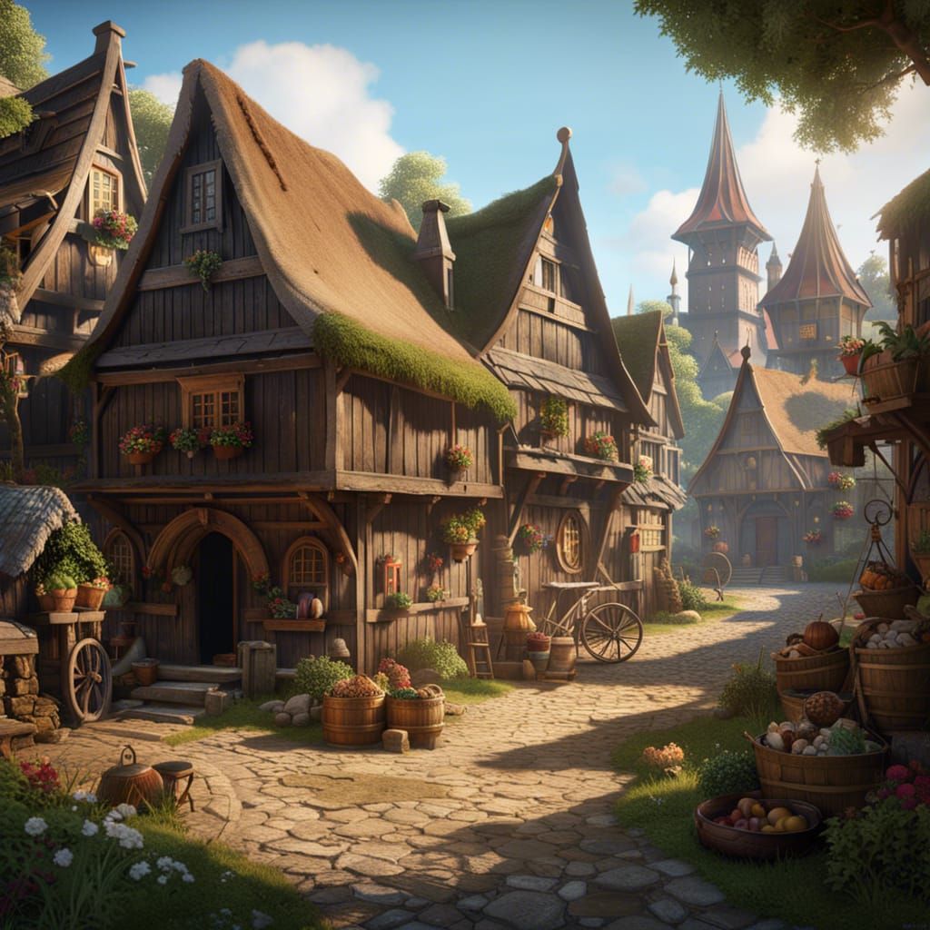 Island Medieval Village: Detailed Digital Art