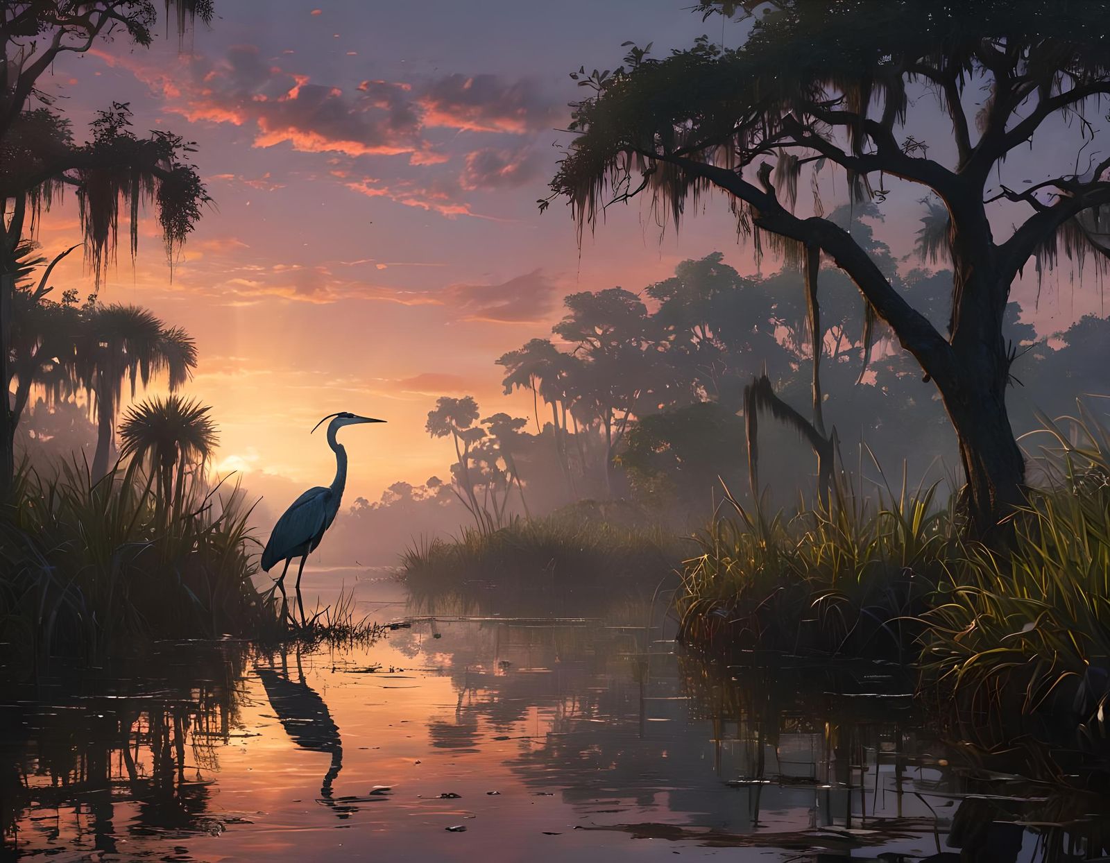 Heron Silhouette in Everglades, Thomas Kinkade Style