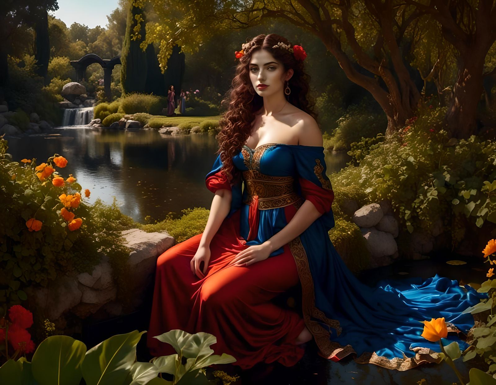 Greek Woman by Garden Pond in Oil Painting Style