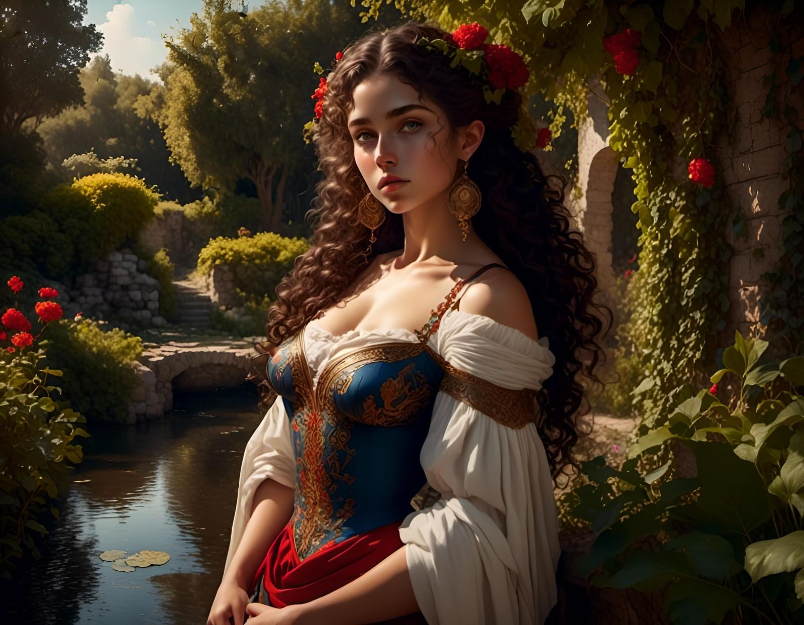 Greek Woman Portrait by Pond in Oil Painting Style