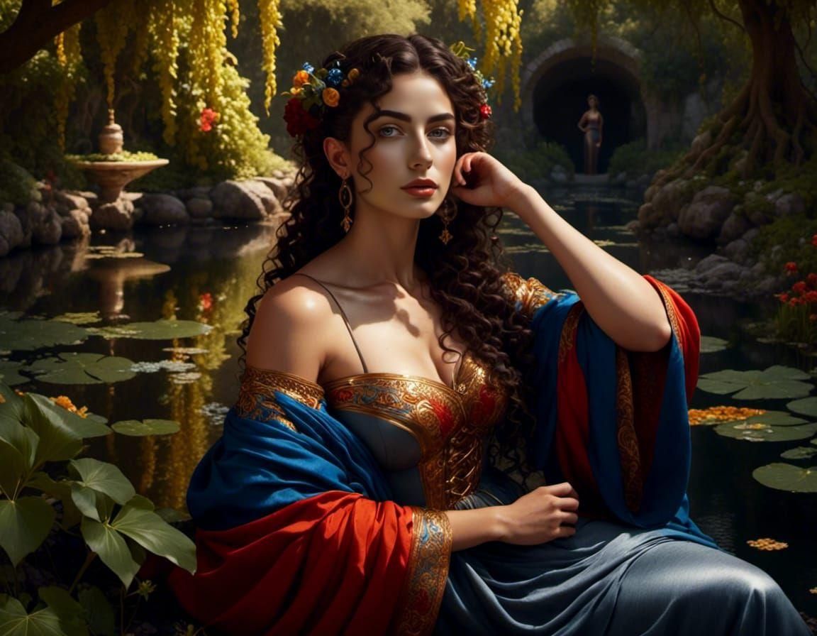 Greek Woman Portrait by Pond in Oil Painting Style